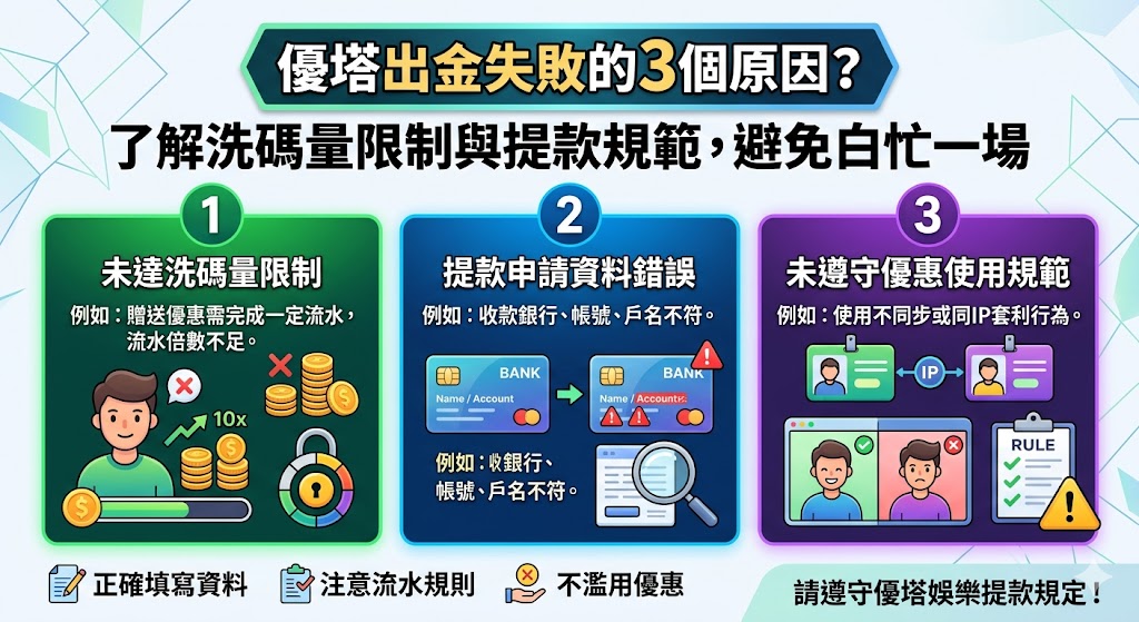 優塔出金失敗的3個原因？了解洗碼量限制與提款規範，避免白忙一場