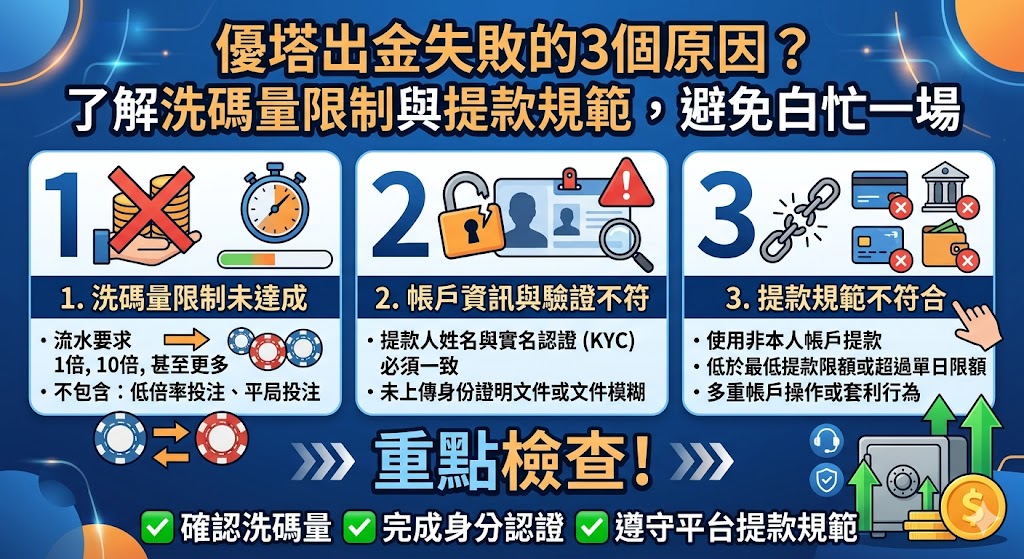 優塔出金失敗的3個原因？了解洗碼量限制與提款規範，避免白忙一場